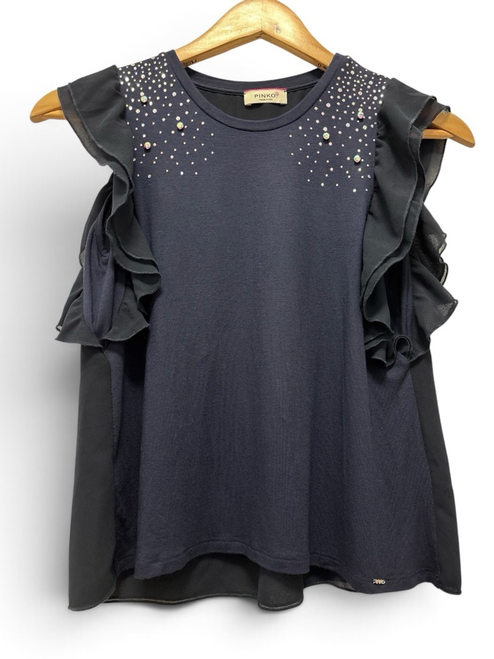 Pinko Navy Ruffle Pearl-Embellished Camisole